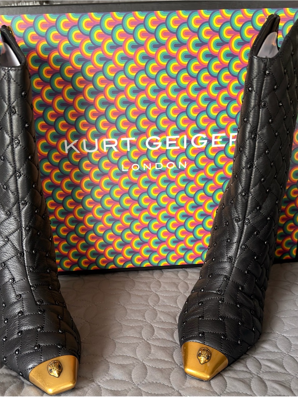 Kurt Geiger Full Leather Quilted Pointed Toe Booties with Gold Caps - Black